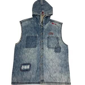 Vtg Bugle Boy Denim Vest Men XL Light Wash Patched Hood Logo Patch Grunge Biker